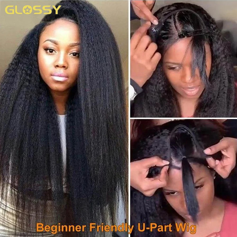 Kinky Straight 3 In 1 Half Wigs 100% Human Hair Brazilian Glueless Seamless Flip Over Yaki Straight V Part Wig Beginner Friendly