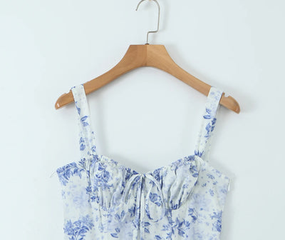 2023 Sexy Ruched Chest Blue White Flower Print Corset Style Sling Dress Cross Lacing up Bandage Back Hem Slit A-Lined Midi Robe