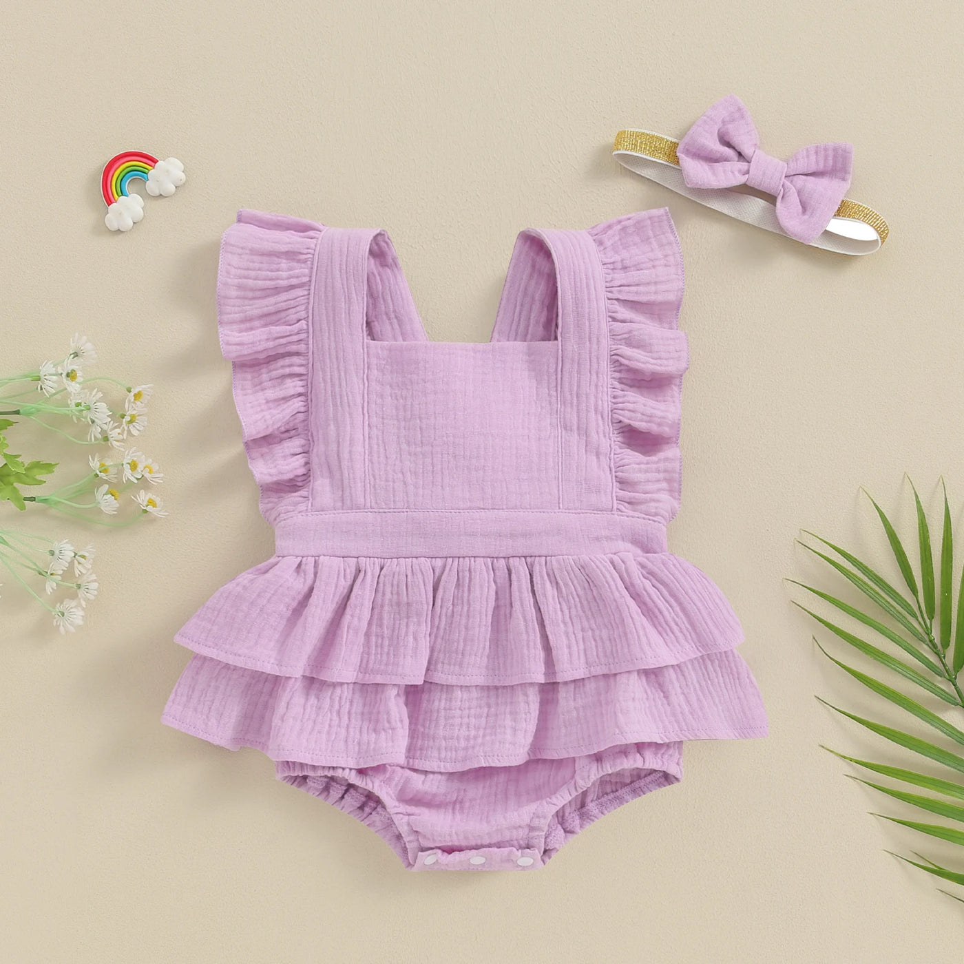 Citgeett Summer Infant Baby Girls Bodysuit Dress Solid Color Fly Sleeve Skirt Hem Jumpsuit Clothes Headband
