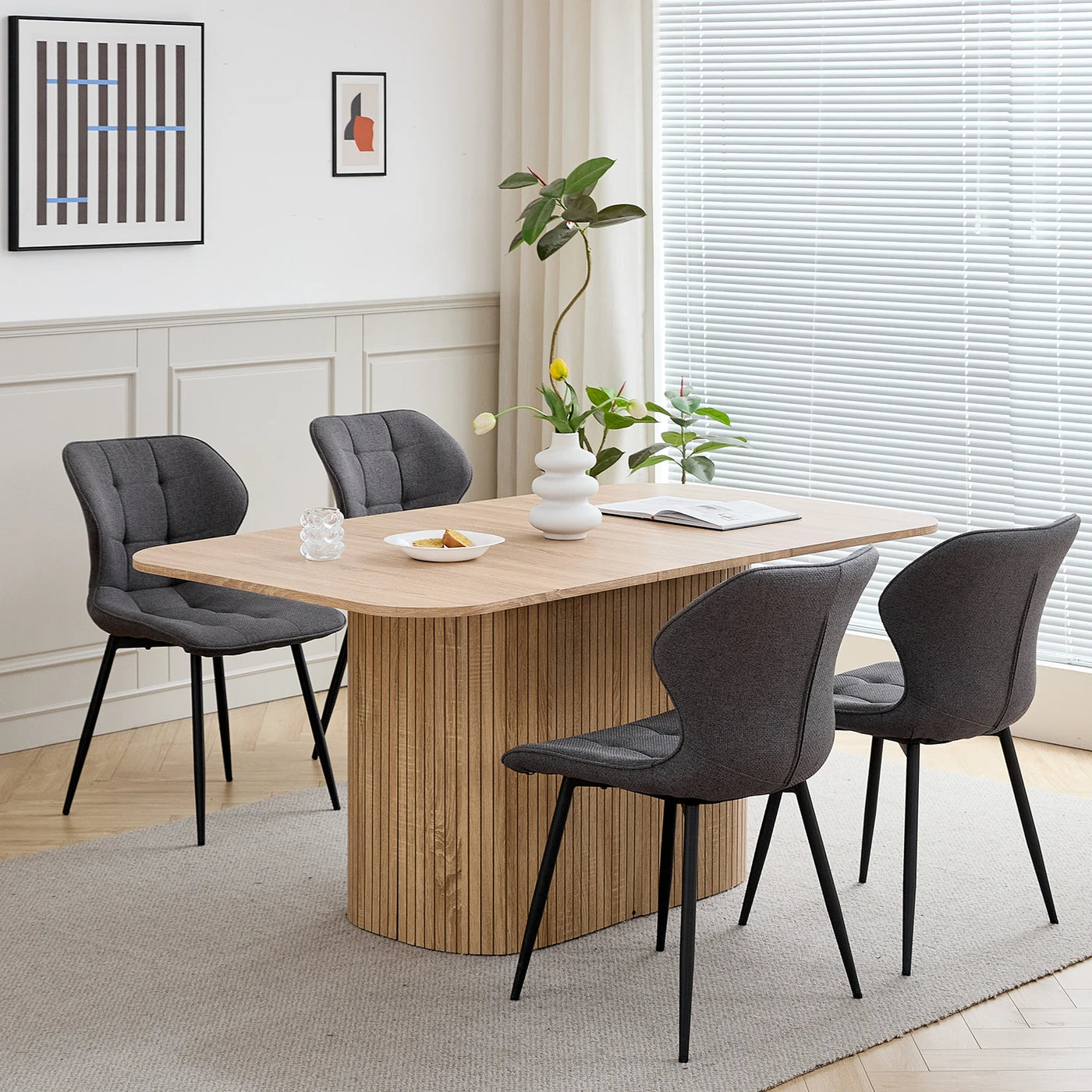 Nordic Solid Wood Dining Table, Corrugated Base Home Dining Table, Simple Kitchen / Dining Table, for 4 - 6 People