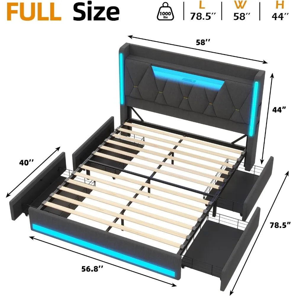 Full Size Bed Frame with Headboard and Openable Storage,Upholstered Platform Bed with 4 Drawers,Metal Bed Frame with