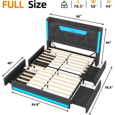 Full Size Bed Frame with Headboard and Openable Storage,Upholstered Platform Bed with 4 Drawers,Metal Bed Frame with