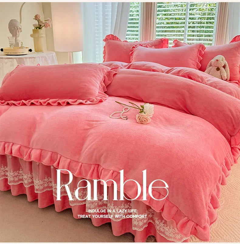 2024 hot solid color Korean version lace bed skirt kit flannel quilt cover thickened warm four-piece set