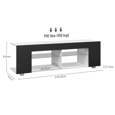 TV Stand 145cm TV Unit with Glass Shelves RGB LED Light for 60"TV Black