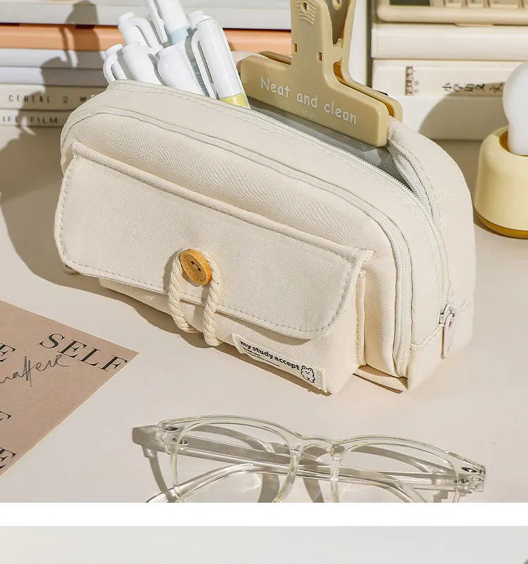 Cute And Convenient Canvas Pencil Case Large Opening Capacity for Student Supplies Cosmetics Travel Handbag 1pc