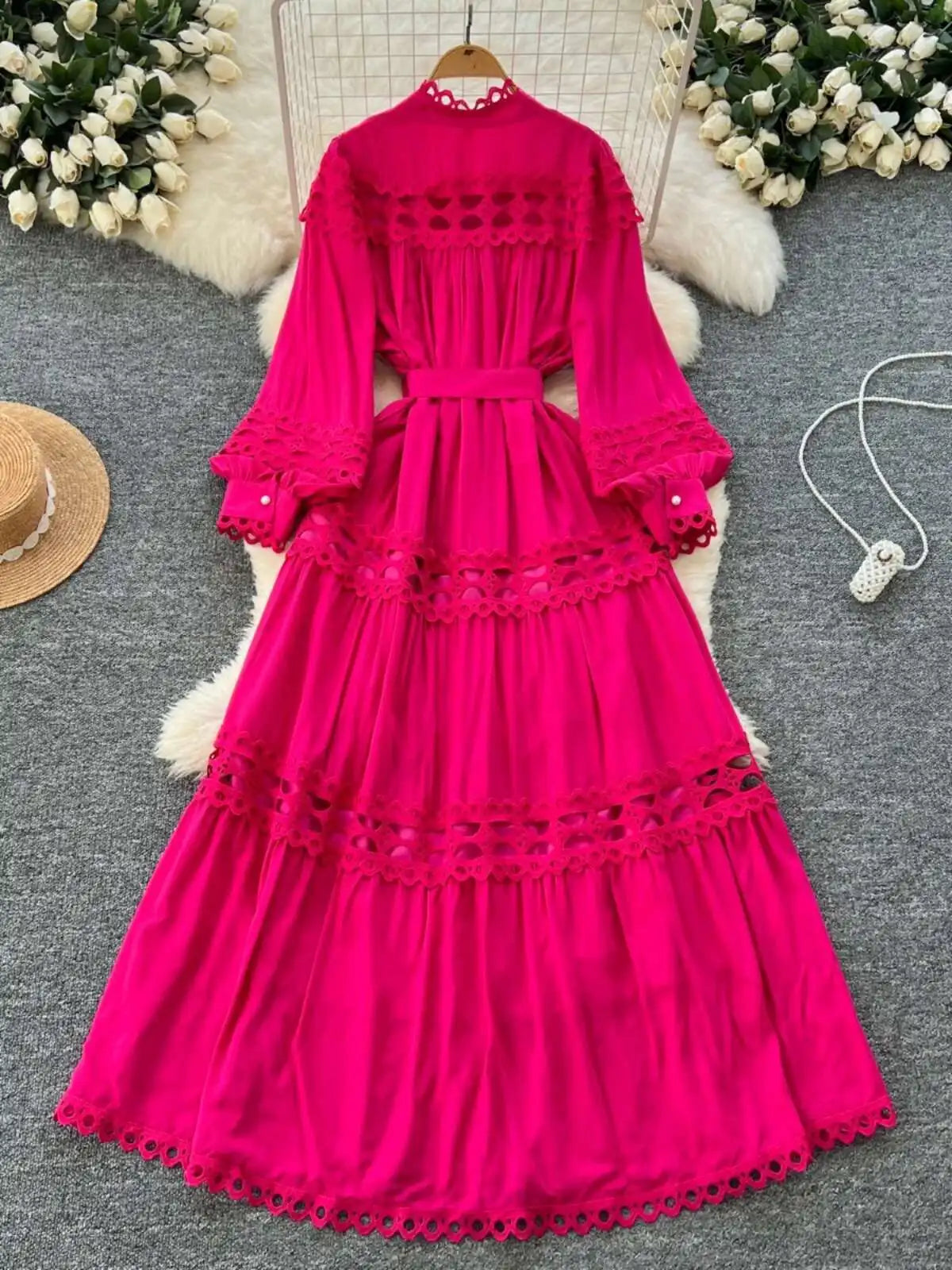 Elegant Long Maxi Hollow Out Dress Shirt Women Summer Autumn Palace Retro Pearl Button Embroidery Crochet Evening Party Vestidos