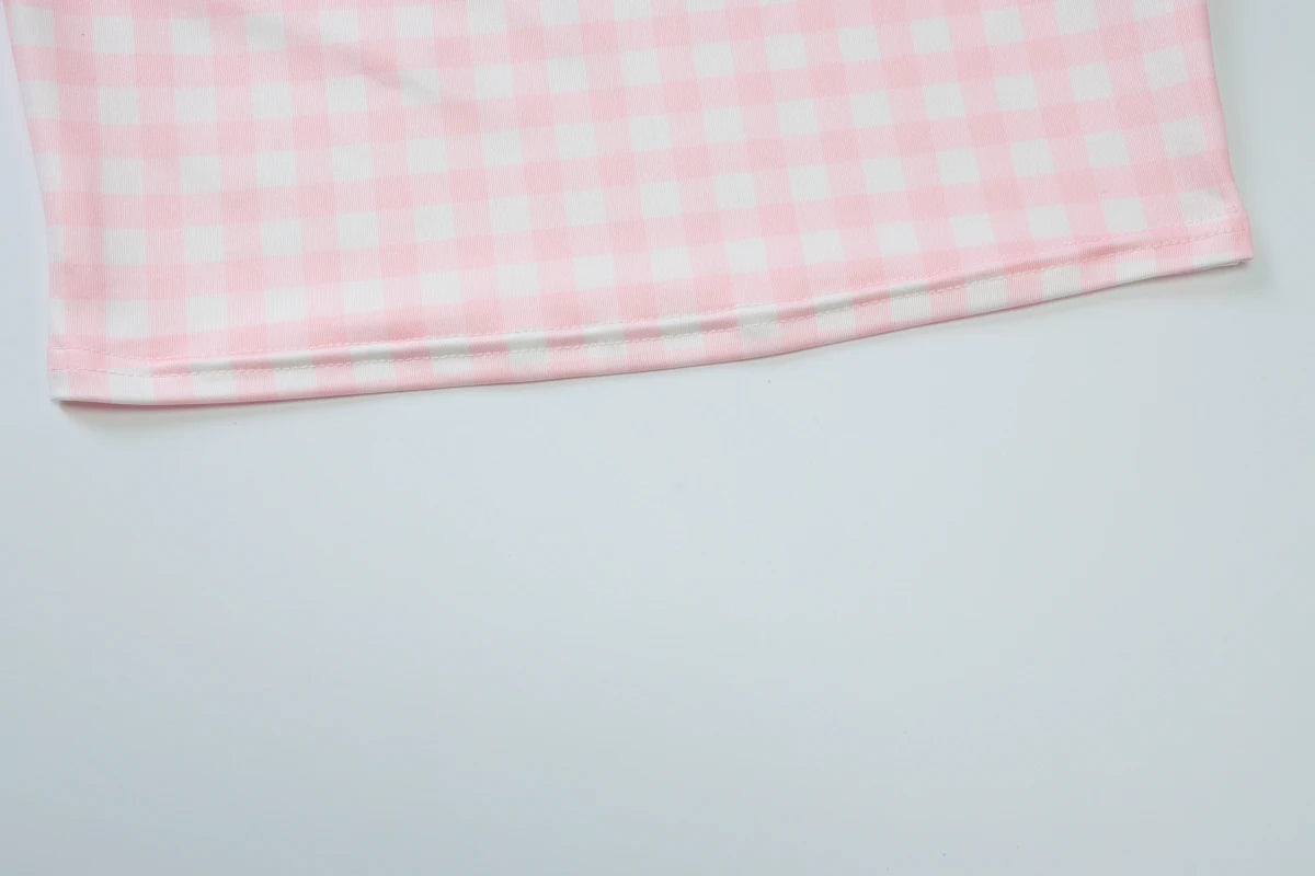 Square Collar Short Sleeve Bodycon Plaid Print T-Shirt