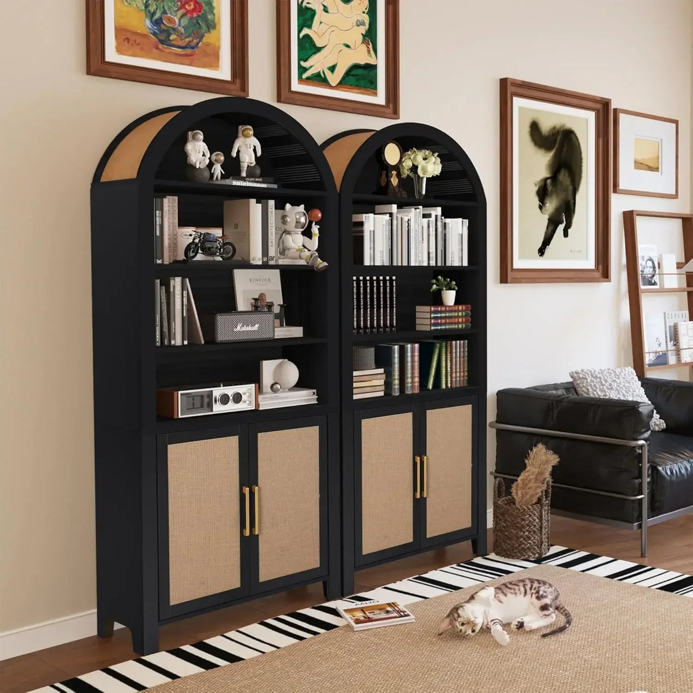 71" Tall Arched Bookcase with Storage, Modern 6-Tier Arched Cabinet with Door,Arched Bookshelf Cabinet with Open Display Storage