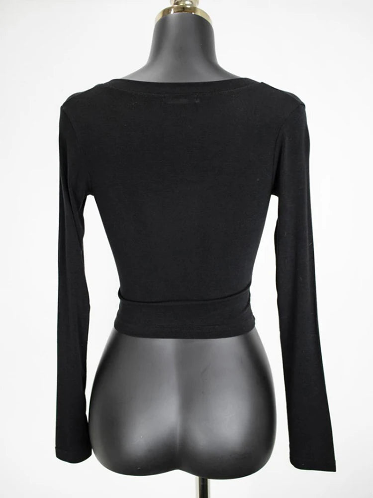 Button V-Neck Sexy Crop Top female long Sleeve Sashion Solid Color lady Tees Comfy Summer Basic Chic Thin T shirt See Through