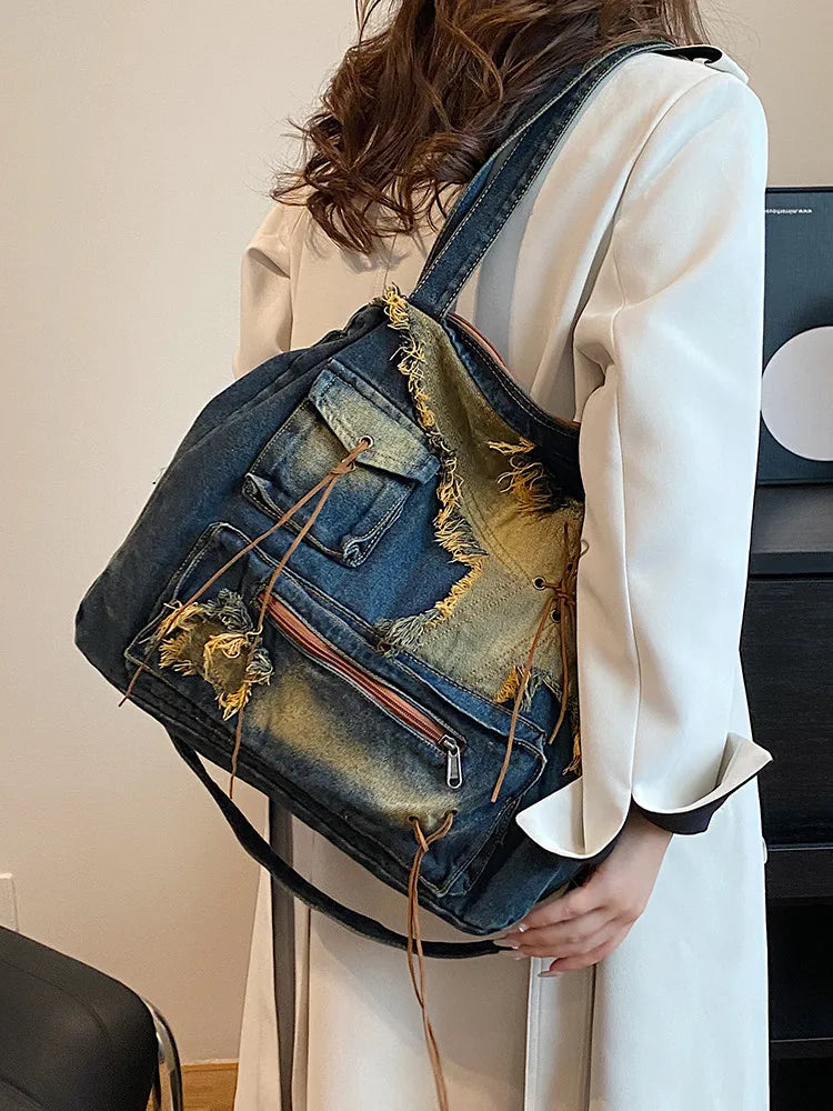 Denim Y2k Womens Shoulder Bag Vintage Washed Distressed Fashion female Messenger Bag Large Capacity ladies Handbag Sac totes