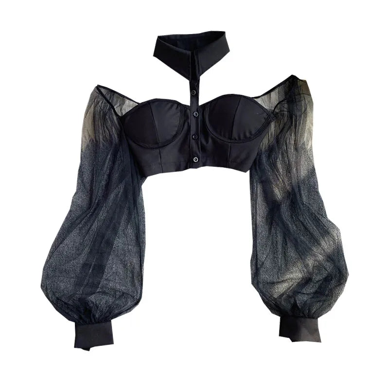 Autumn 2024 Women's Short Shirts Exposed Navels  fashion Sexy Slim Versatile Personalized hanging Neck  Off Shoulder Tops