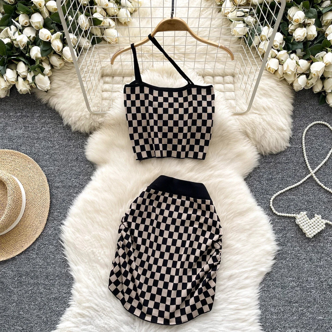 2025 New Vacation Style Plaid Suits Women Strapless Hotsweet Mini Tops+High Waist Bodycon Skirt Fashion Casual Knitted Sets