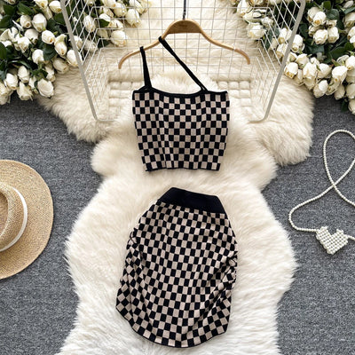 2025 New Vacation Style Plaid Suits Women Strapless Hotsweet Mini Tops+High Waist Bodycon Skirt Fashion Casual Knitted Sets