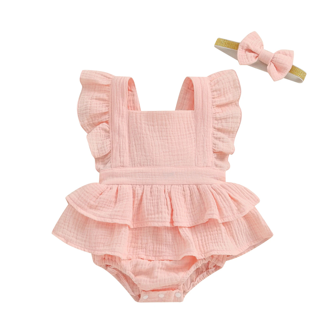 Citgeett Summer Infant Baby Girls Bodysuit Dress Solid Color Fly Sleeve Skirt Hem Jumpsuit Clothes Headband