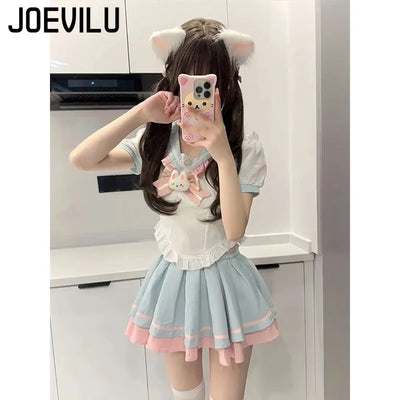 Y2k Sweet Style Skirt Set Bow Tie Peter Pan Collar Top High-Waist Puffy Skirt 2 Piece Set Summer Preppy JK Sailor Uniform Outfit