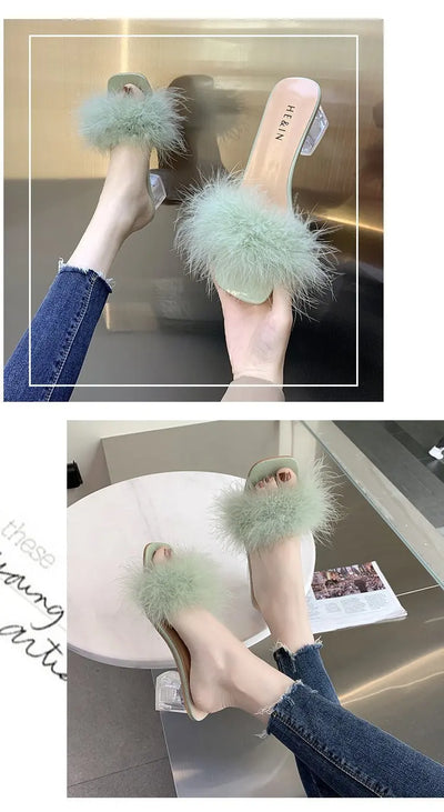 Mules Sandal Women Summer Outdoor Fashion Slippers Square Toe High Heels Office Ladies Feather Slides Chic Classics Furry Shoes