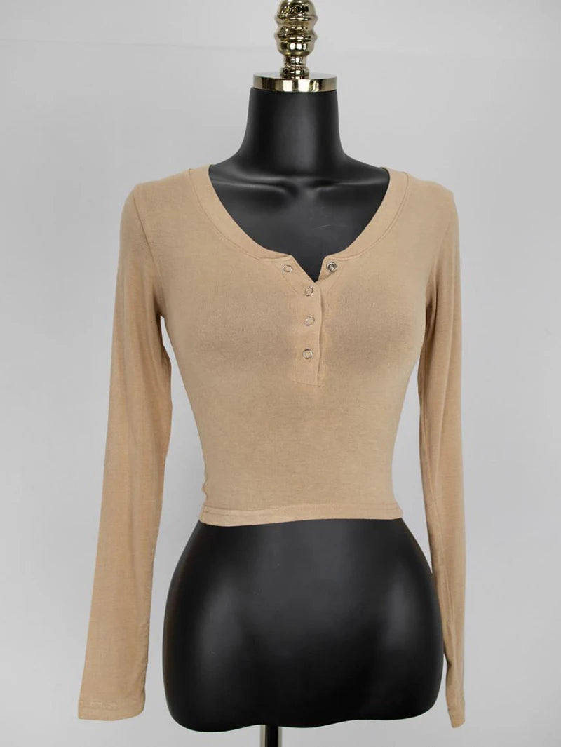 Button V-Neck Sexy Crop Top female long Sleeve Sashion Solid Color lady Tees Comfy Summer Basic Chic Thin T shirt See Through