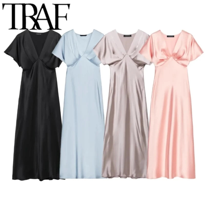TRAF 2025 Woman Fashion Silk Texture Midi Dress Casual Slim Short Sleeve V Neck Midi Long Dresses Vestidos Mujer