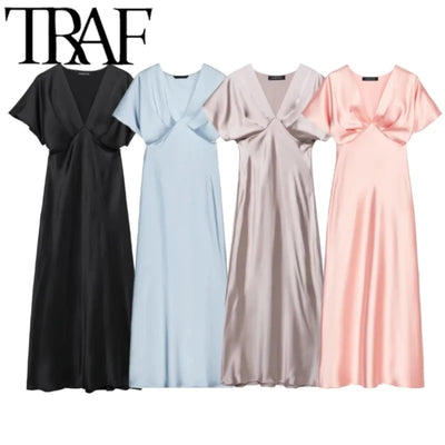 TRAF 2025 Woman Fashion Silk Texture Midi Dress Casual Slim Short Sleeve V Neck Midi Long Dresses Vestidos Mujer
