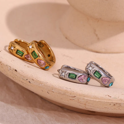 E.B.belle Colorful Zircon Hoop Earrings Tarnish Free 18K Gold Plated Earrings for Women 316L Stainless Steel Jewelry
