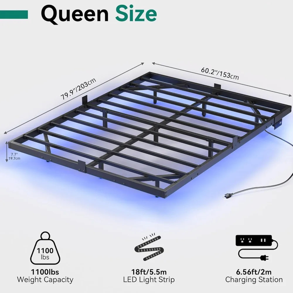 Floating Bed Frame Queen Size, LED Bed Frame with Charging Station, Metal Platform Queen Bed with Heavy Duty Steel Slats