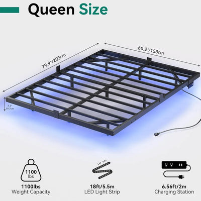 Floating Bed Frame Queen Size, LED Bed Frame with Charging Station, Metal Platform Queen Bed with Heavy Duty Steel Slats
