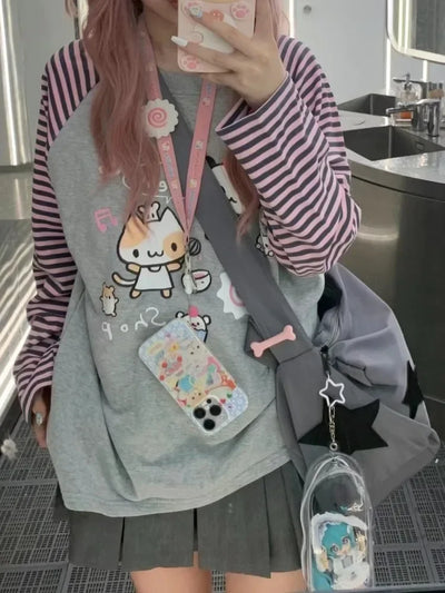 Y2k Harajuku Kawaii Striped Hoodie Women Japanese Fashion Patchwork Cartoon Print Sweatshirt Female Autumn 2023 New In