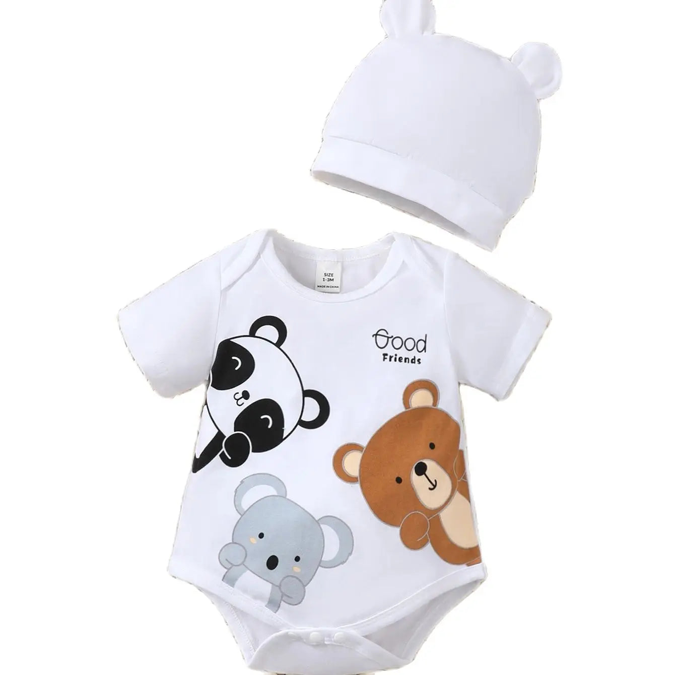 2PCS Short Sleeved Jumpsuit+Hat for Newborn Baby Boys and Girls 0-9 Months Cute Animals White Romper Bodysuits Onesie for Summer