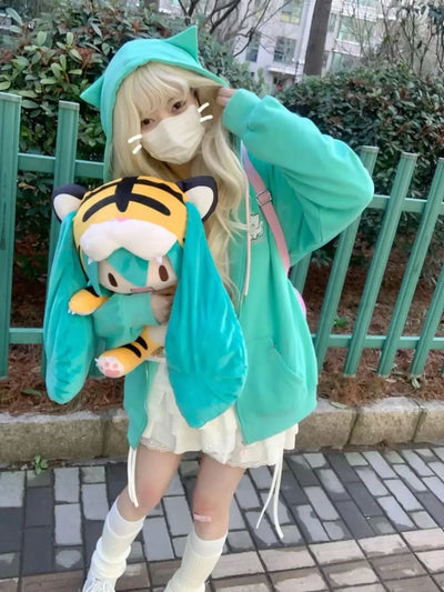 2025 Harajuku Cat Ear Kawaii Zip Up Hoodies Women Japanese Style Cute Hooded Jacket Oversized Sweet Lolita Girly Sweatshirts