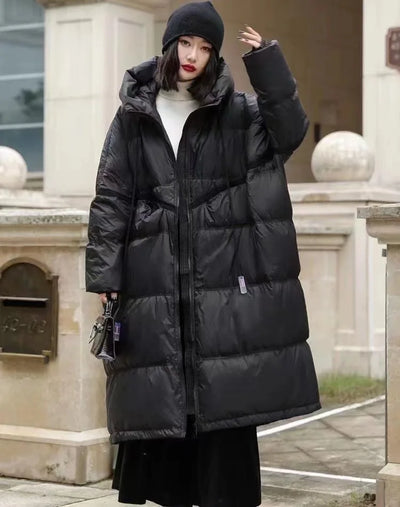 Winter Hooded Drawstring Loose Puffer Jacket Women Solid Oversize Casual Silhouette Long White Duck Down Warm Coat 2024 New Coat