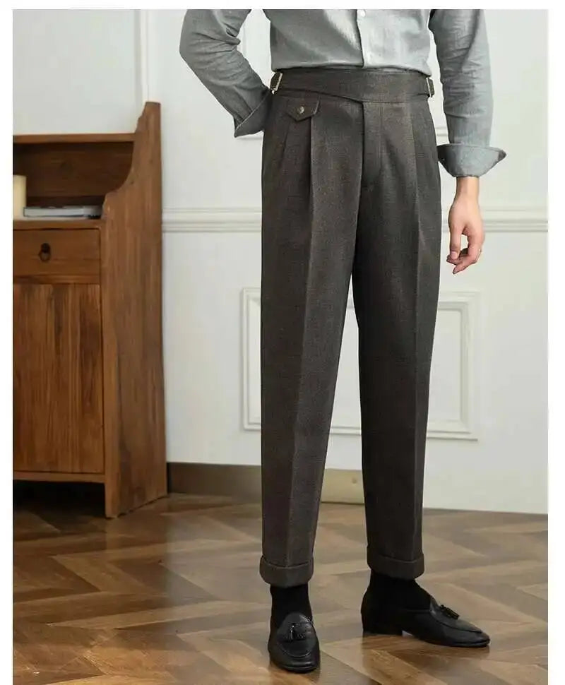 2023 Autumn Winter Men's Warm Retro Straight Trouser Male Casual British High Waist Pants Office-trousers Dress Pant Trousers