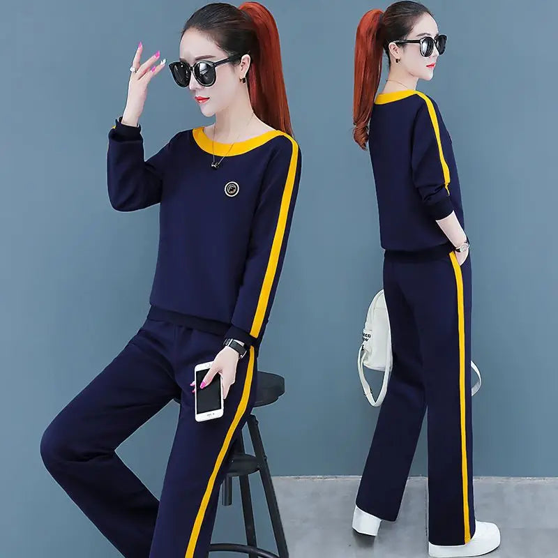 2022 New Spring and Autumn Fashion Long Sleeve Wide Leg Pants Set Women's Korean Slim Relaxed Casual Sports Two Piece Set