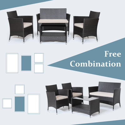 4PCS Patio Rattan Furniture Set Armrest Cushion Sofa Coffee Table withShelf Garden