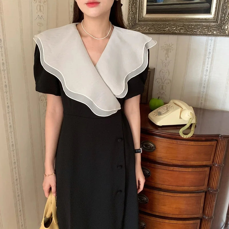 Women Summer Vintage Long Wrapped Dress 2024 New Female Double Layer Ruffled Collar Lacing Up Slim Waist Sundress