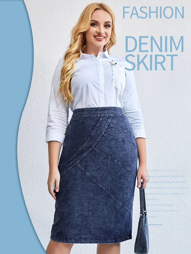 LIH HUA Women's Plus Size Denim Skirt Chic Elegant Skirt For Chubby Women Autumn Knitted Cotton Skirt