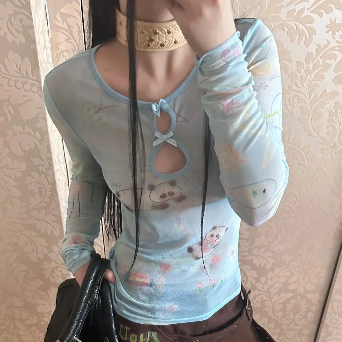 Yedinas Y2k Blue Mesh Tops Long Sleeve T Shirt Women Clothes Slim Spring Tops See Through Sheer Tshirts Grunge Aesthetics Tees