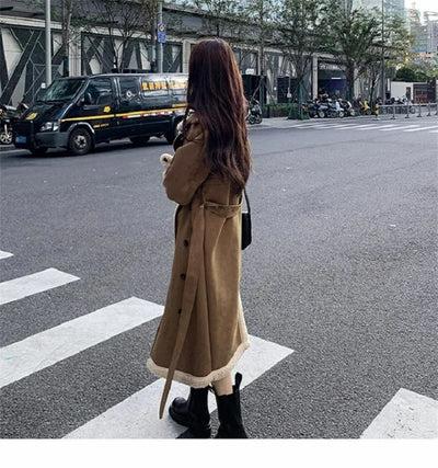 2024 Autumn Winter New Medium Long Double-breasted Lambswool Suede Woolen Coat Women Add Velvet Padded Warm Fur One Woolen Coats