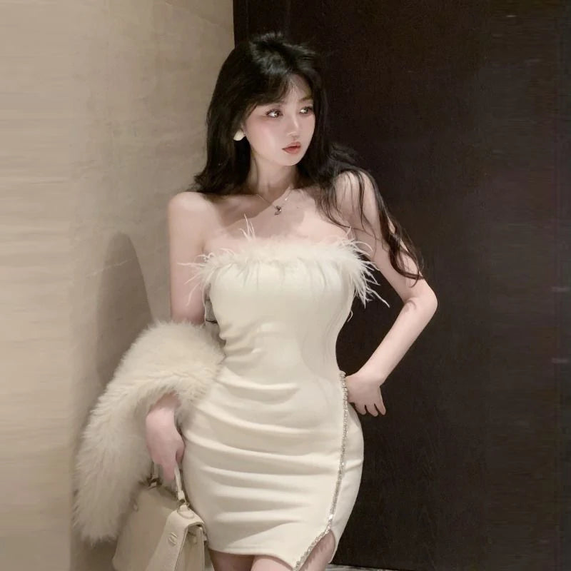 Strapless Dress Women Feather Collar Beaded Slit Birthday Party Wrapped Dresses