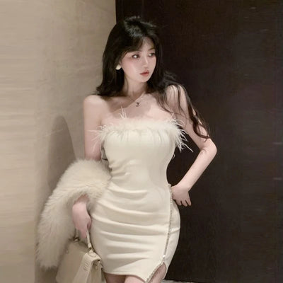 Strapless Dress Women Feather Collar Beaded Slit Birthday Party Wrapped Dresses