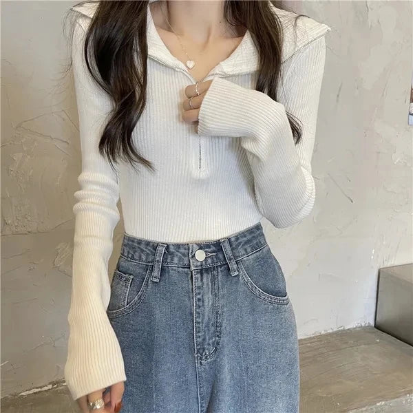 Zip Half Open Collar Knitted Sweater Spring and Autumn Long Sleeve Slim Bottom Shirt Women's Chic Top Pullover Y2k Korean Pulls