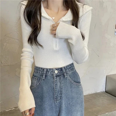 Zip Half Open Collar Knitted Sweater Spring and Autumn Long Sleeve Slim Bottom Shirt Women's Chic Top Pullover Y2k Korean Pulls
