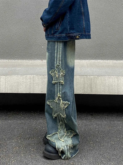 2024 Ropa Y2K Streetwear Star Patch Embroidery Baggy Stacked Jeans Pants For Men Clothes Wide Leg Old Straight Denim Trousers