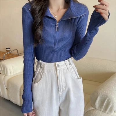 Zip Half Open Collar Knitted Sweater Spring and Autumn Long Sleeve Slim Bottom Shirt Women's Chic Top Pullover Y2k Korean Pulls