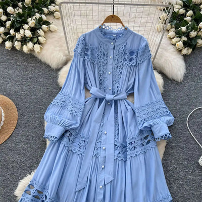Elegant Long Maxi Hollow Out Dress Shirt Women Summer Autumn Palace Retro Pearl Button Embroidery Crochet Evening Party Vestidos