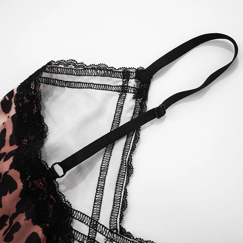 CUTENOVA New Women'S Leopard Print Lace Trim Patchwork Camisole Jumpsuit Bodycon Seven Points Jumpsuit Fashion Streetwear Romper