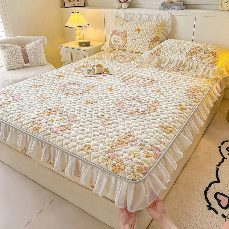 2025 New Single Bed Hat Korean Lace Bed Sheet Cover Chiffon Princess Wind Ins Cotton Four Seasons Bedspread Protective Cover
