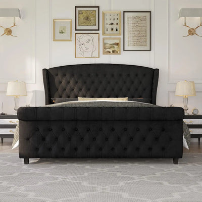 Queen Size Platform Bed Frame, Velvet Upholstered Sleigh Bed with Scroll Wingback Headboard Footboard/Button TuftedBlack