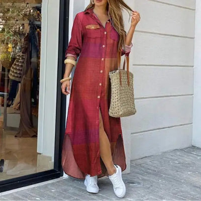 Spring And Autumn Women's Fashion Checker Print Long Shirt Dress Casual Polo Neck Long Sleeve Loose Single Breasted Pocket Dress