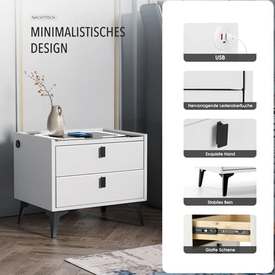 Smart Bedside Table with Wireless Charging, Nightstand with LED Light, 2 Drawers Nightstand, LED Bedside Table for Living