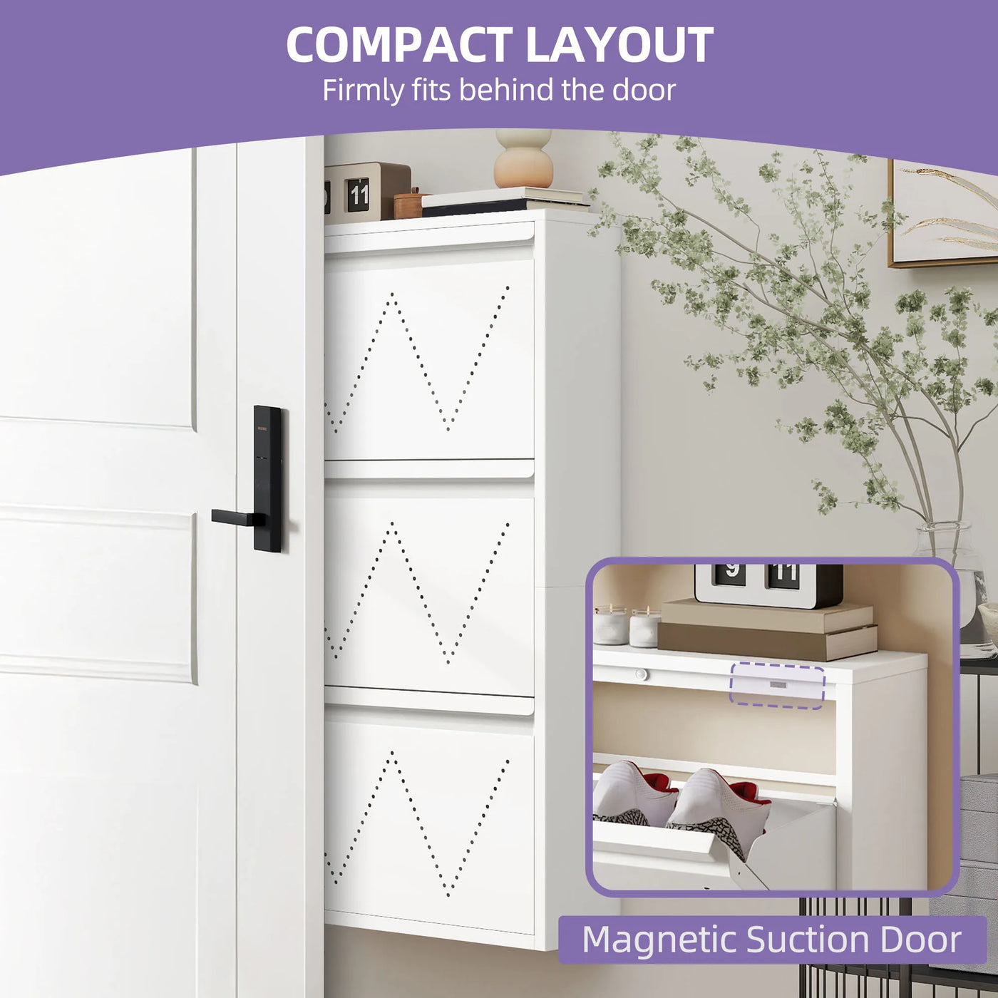 Thin 3-Drawer Shoe Cabinet - Space-Saving Steel Design with Ventilation for Entryway/Hallway